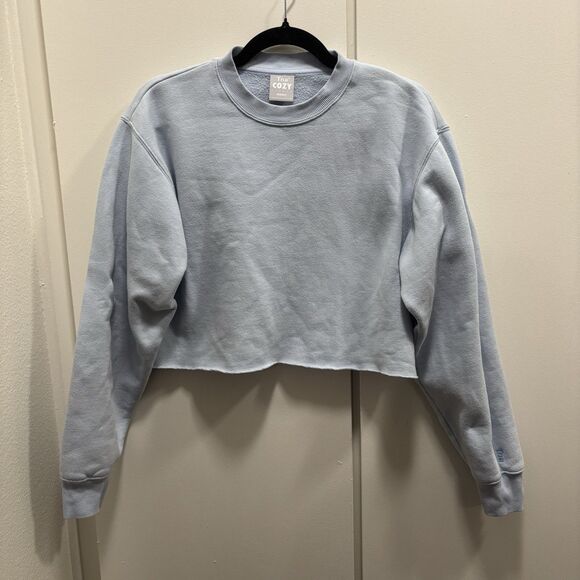 Aritzia Tops - Aritzia Tna Sz Small Light Blue Cozy Fleece Perfect Cropped Raw Hem Sweatshirt